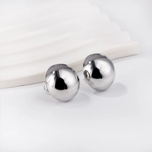Minimalist silver stainless steel half-round ball stud earrings with polished mirror finish