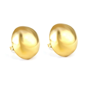 Minimalist golden semi-sphere stud earrings with a satin metal finish on white background