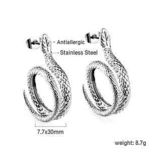 Orecchini a spirale a forma di serpente in acciaio inossidabile anallergico finitura argento
