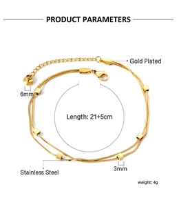 Detail of gold plated stainless steel snake chain anklet with square beads and measurements