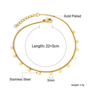 Detail of 22+3cm gold plated stainless steel anklet with 3mm round disc charms