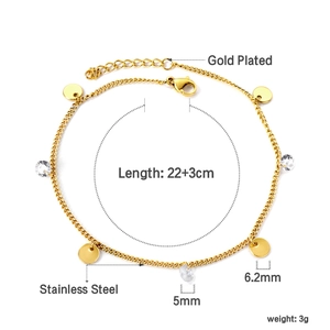 Detailed specs of gold plated stainless steel anklet with crystal and disc charms