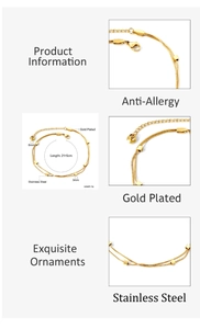 Detail view of gold-plated stainless steel double-layered anklet with square metal beads