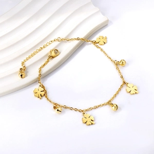 Women Gold Plated Stainless Steel Anklet Boho Beach Daisy Flower Four Leaf Clover Heart Bell Adjustable Jewelry