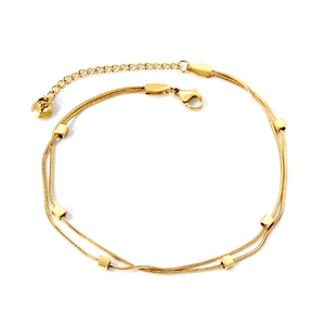 Elegant gold-plated double-layer anklet featuring a sleek snake chain and square beads