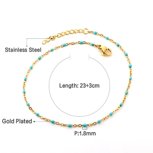 Detail of 1.8mm blue enamel beads on a 23+3cm gold plated stainless steel anklet chain
