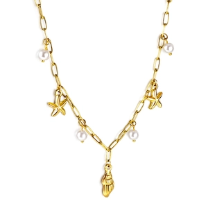 Collier doré avec pendentifs étoile de mer, coquillage et perles blanches pour femmes