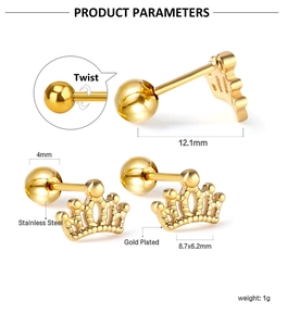 Détails du clou d'oreille couronne en acier inoxydable plaqué or avec fermoir à vis