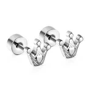 Boucles d'oreilles couronne en acier inoxydable avec cœur et fermoir à vis sécurisé