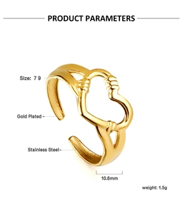Technical view of heart ring showing 10.6mm width and 1.5g gold plated stainless steel