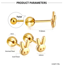 Detailed specs of gold-plated stainless steel bunny earrings with screw back closure