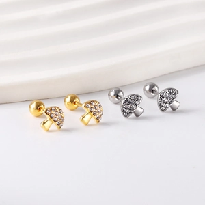 Boucles d'oreilles champignons avec oxydes de zirconium et fermoir à vis en or et argent