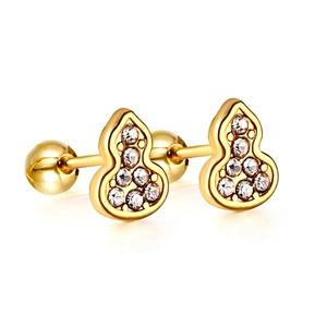 Boucles d'oreilles gourde dorées avec zircon et fermoir à bille vissé sur fond blanc