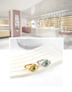 Detail of vintage geometric rings with green oval stones in gold and silver finishes