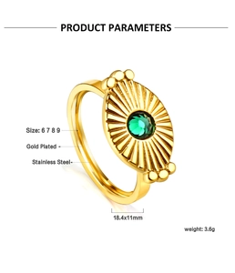 Macro detail of gold plated stainless steel ring with green zircon stone and sizing data