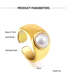 Gold plated stainless steel ring with pearl detail showing dimensions and sizes