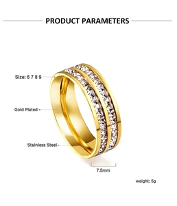 Detail of 7.5mm gold plated stainless steel ring with double row of clear crystals