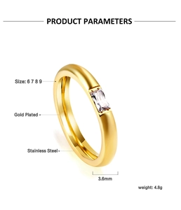 Detailed view of gold plated stainless steel ring with rectangular zircon stone specs