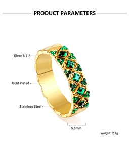 Detailed product specifications for gold plated stainless steel ring with green stones