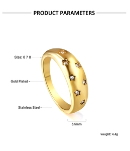 Close-up of a gold-plated stainless steel star ring with zircons and 6.5mm width details