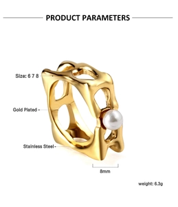 Detail view of gold plated stainless steel hollow ring with pearl and product dimensions