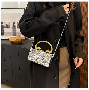 Dettaglio della borsa argento con impugnatura ad anello a testa di dragone oro