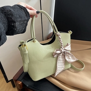 Women Litchi Texture PU Leather Crossbody Handbag With Scarf Decoration Versatile Daily Shoulder Bucket Bag For Lady