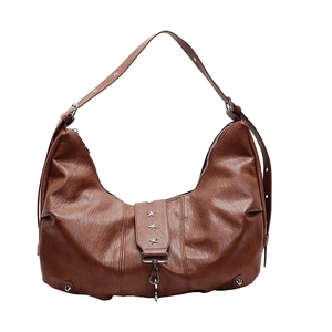 Retro brown lychee leather tote bag with silver star rivets and adjustable shoulder strap