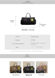 Canvas travel bag dimensions 51x28x25cm with specs for shoulder and handbag styles