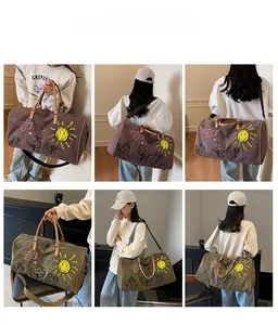 Travel duffel bags with sunflower prints and leather handles shown in a lifestyle collage