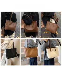 Collage of large tote bags in brown and black shown in various outdoor commute scenes