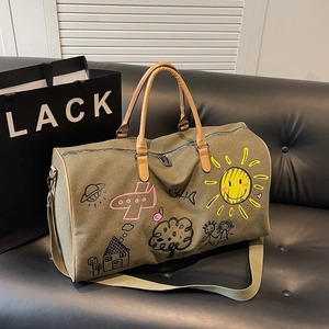 Women Fashion Graffiti Canvas Travel Bag Large Capacity Hand-drawn Doodle Duffel Bag For Weekend Trip Gym Outdoor