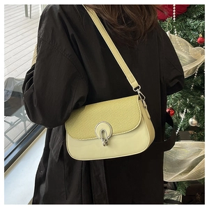 Detail of green crossbody bag with textured weave flap and round metal buckle on shoulder strap