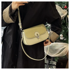 Close-up of minimalist crossbody bag featuring woven texture and silver metal buckle
