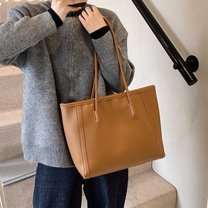 Brown minimalist PU leather tote bag for women with long handles for shoulder or hand carry