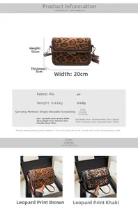 Detailed size specifications and color options for the leopard print PU crossbody bag