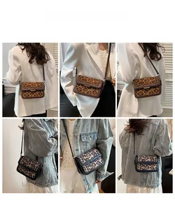 Collage of model styling leopard print crossbody bags in brown and black faux fur texture