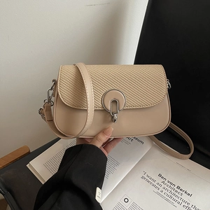 Women Crossbody Bag PU Leather Woven Texture Small Square Shoulder Handbag Metal Buckle Korean Fashion Minimalist Daily Messenger
