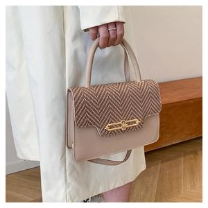 Detailed view of beige and brown crossbody bag with gold metal clasp held by model