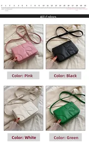 Comparison of quilted crossbody bag in pink, black, beige, and green with a 20cm scale ruler