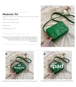Detailed size specifications and dimensions for green quilted PU leather crossbody square bag