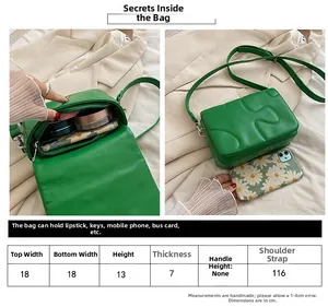 Size chart showing green crossbody bag dimensions 18x13x7cm with capacity details