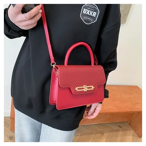 Detail of red leather and herringbone fabric handbag with gold metal clasp on model