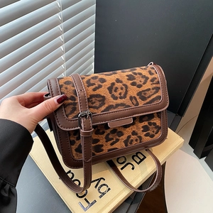 Vintage Leopard Print Crossbody Bag For Women Faux Fur PU Leather Small Square Shoulder Bag Adjustable Strap Fashion Handbag