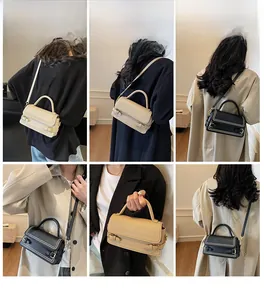 Litchi pattern crossbody bag shown in beige and black on a model in different poses