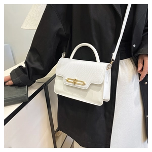 Detail of lizard-textured flap and gold metal bar lock on white crossbody handbag