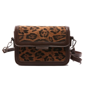 Retro leopard print crossbody bag with dark brown leather trim and metal hardware