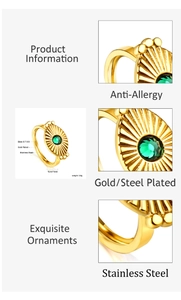 Detailed specs of green sunburst ring in gold plated stainless steel with size dimensions