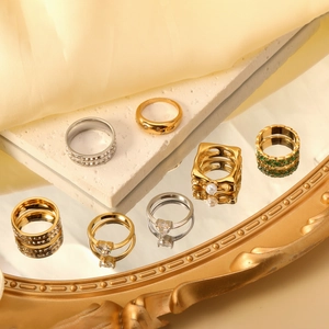 Vintage Gold Plated Stainless Steel Rings For Women Geometric Heart Sunburst Artificial Pearl Cubic Zirconia Tarnish Free Jewelry