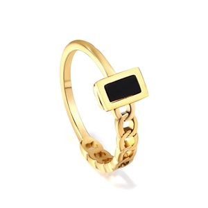 Gold stainless steel ring featuring half cuban chain link and black enamel rectangle inlay